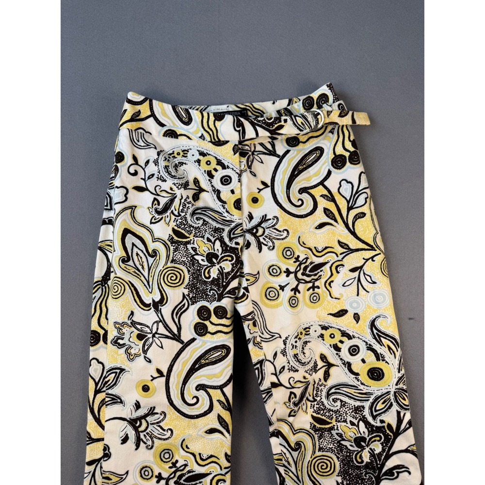 Etcetera Womens Yellow Paisley Print Straight Leg Belted Cotton Pants Size 4